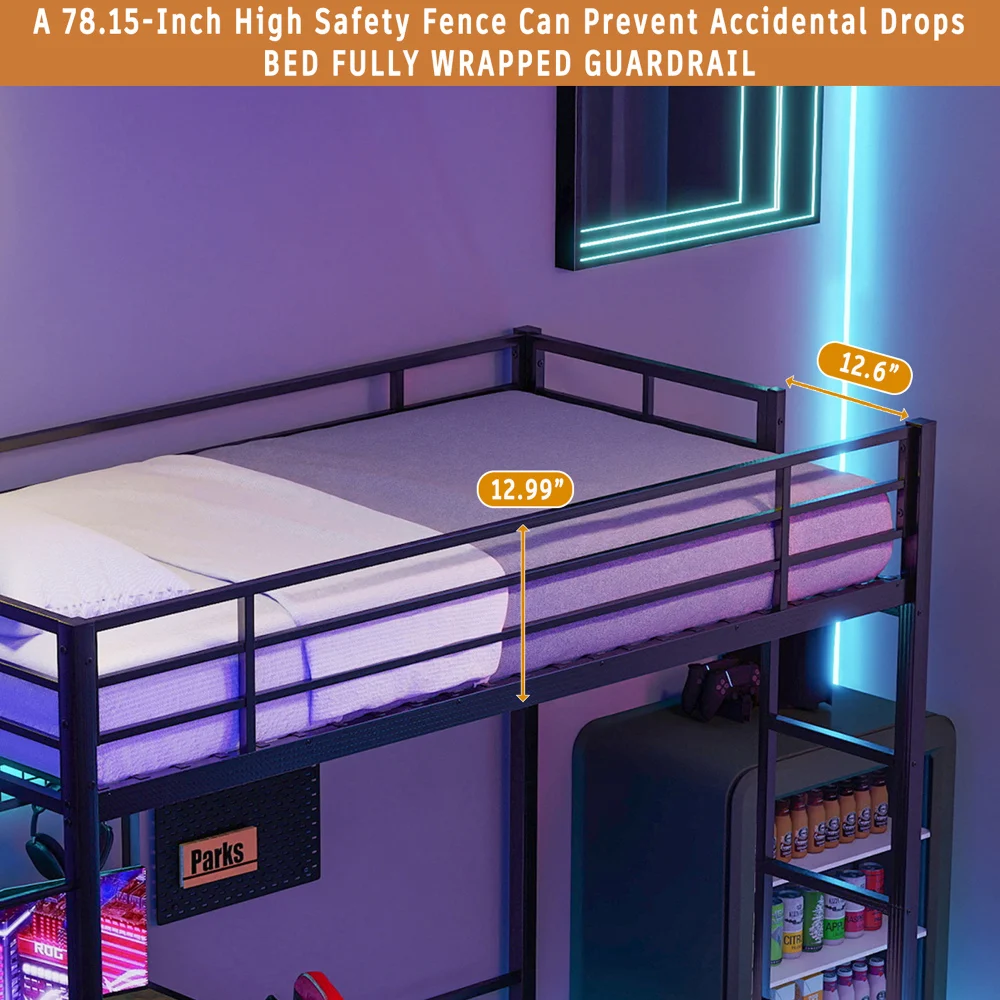 Bunk Bed Twin Over Twin Size with Desk Station L-Shaped Metal Bunk Bed Storage Shelves Drawers Loft Beds with Safety Guardrail view 3