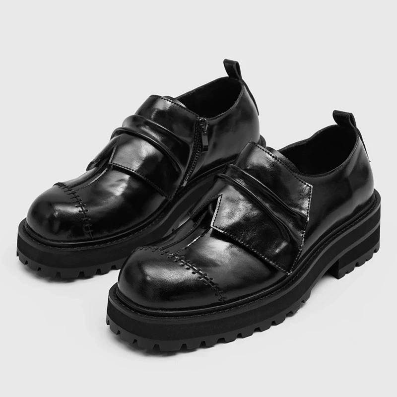 New Thick Sole Stacked Weaving Straps Casual Leather Shoes for Men British Style Versatile Trendy Fashion Leather Shoes