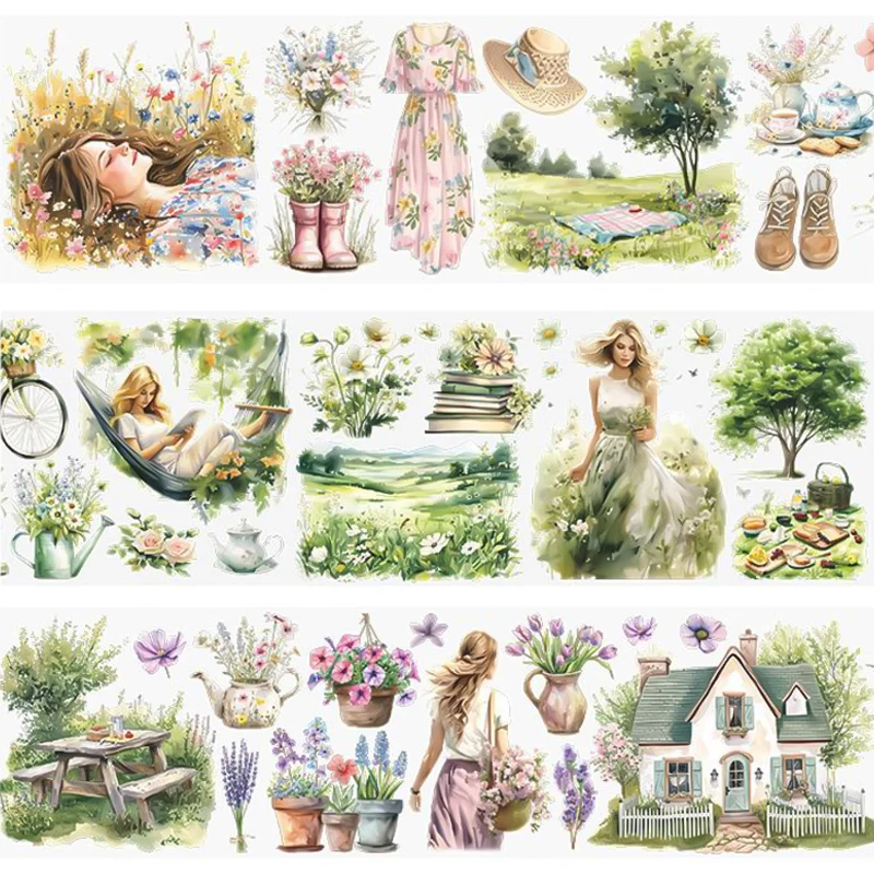 Mr.paper Stickers Camping Lineup Spring Flower Sticker Roll Tape Stationery Masking Tape Handbook Material Flowers Spring