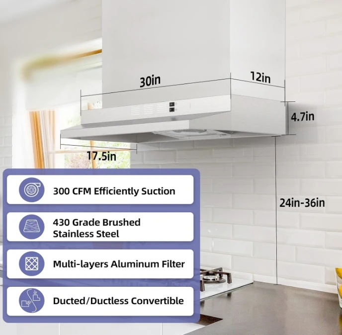 30-inch range hood Ducted/ductless convertible stainless steel range hood, rocker button control, 2-speed exhaust fan