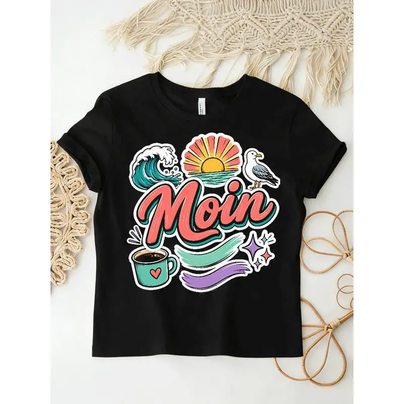 Retro Coastal Print T‑Shirt North Germany Moin Slogan Seaside Wave Coffee Graphic Short Sleeve Top