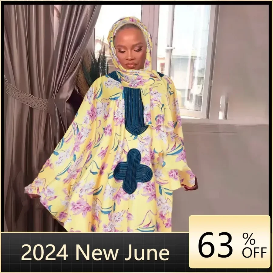 

2024 African Bubu Dress for Women with Headtie Nigerian Dashiki Kaftan Robe Wedding Evening Party Dresses Plus Size Ankara Robe