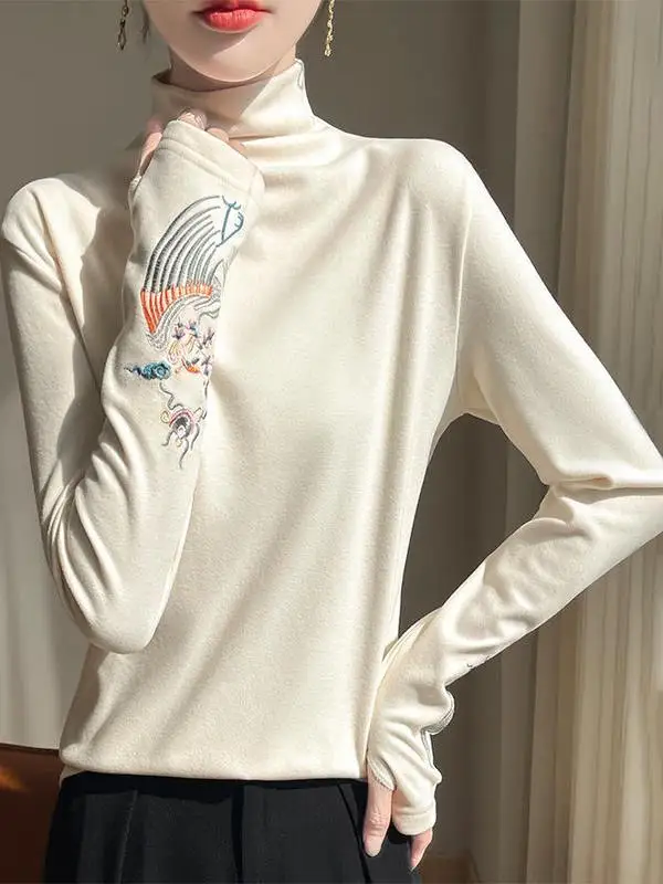 

Autumn Winter Women's Embroidered f High Collar Thermal irt Thiened Velvet Inner Wear Top Chinese National Sle