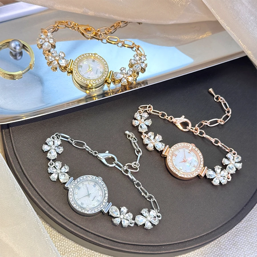 

Модные светящиеся кварцевые часы-браслет в римском каблуке с цветочной застежкой из драгоценного камня, встроенные бриллиантами, милые женские наручные часы