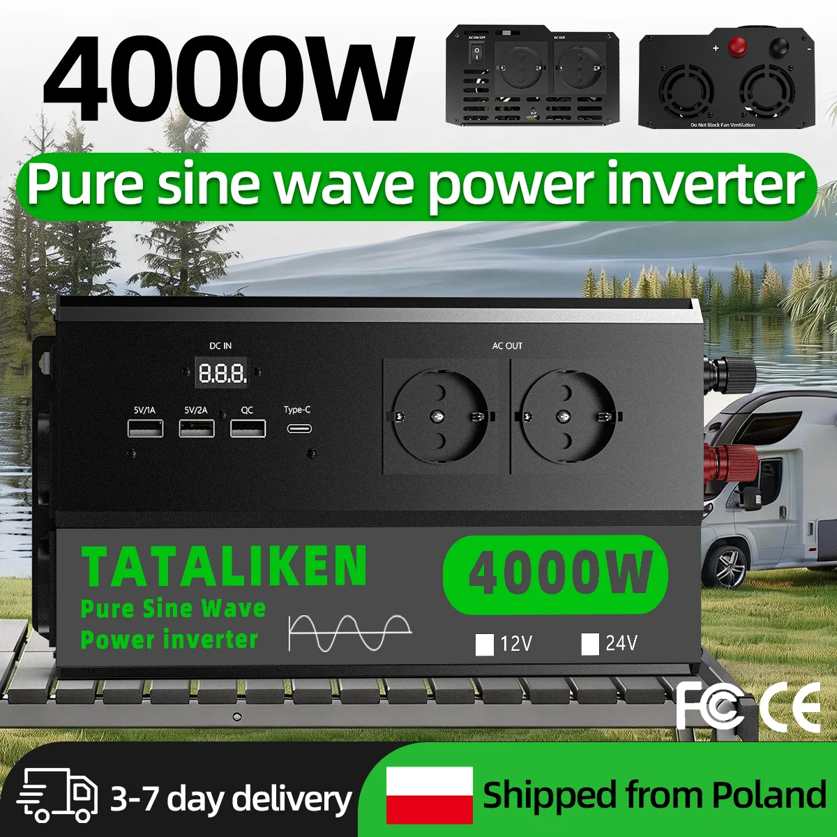 Convertidor de potencia de onda sinusoidal pura Pro Series 4000W-6000W 12V/24V a 220V 50Hz con 4 enchufes, pantalla y USB-C de la UE