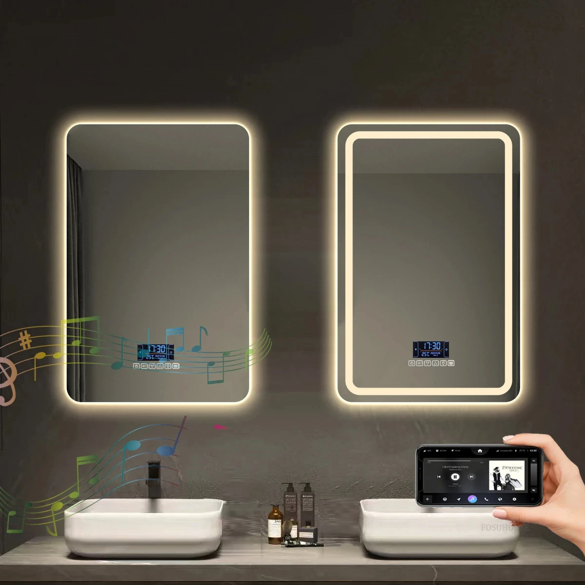 Modern Smart Bath Mirrors Square Touch Screen Bathroom Mirror Home Wall-mounted Lighted Anti-fog Makeup Mirrors Bathroom Fixture