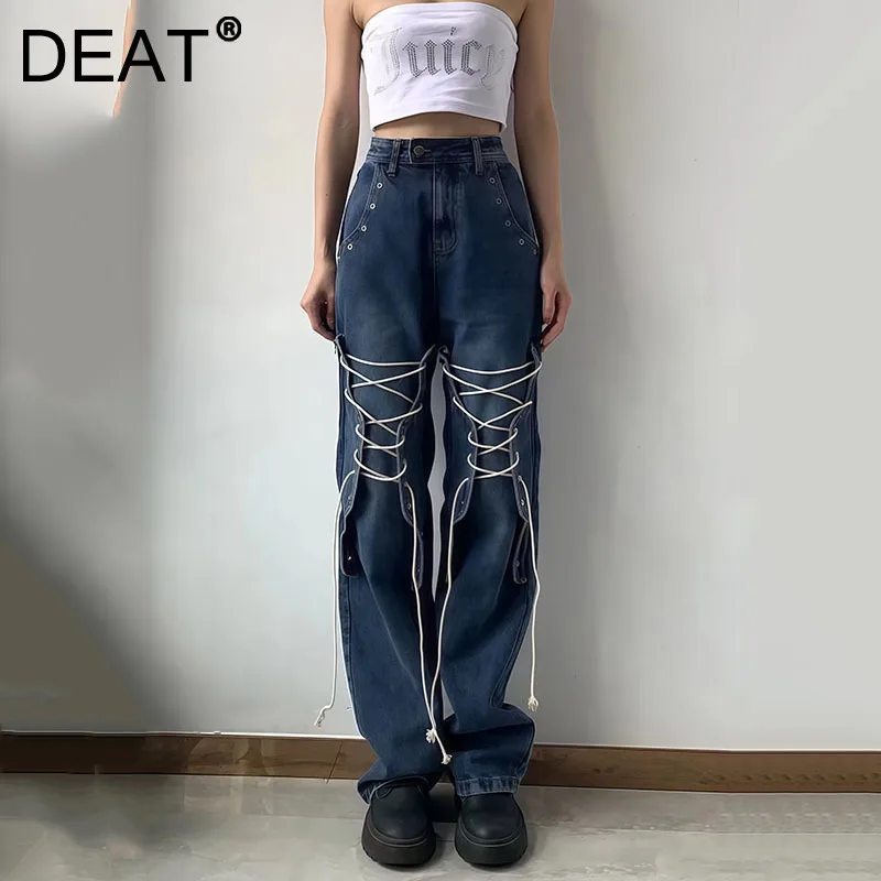 DEAT Fashion Lace-up Jeans Women's High Waist Pockets Zipper Designer Patchwork Full-length Flare Denim Pant New Tide 7Z250