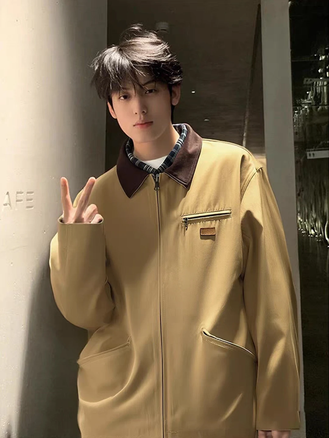 

Khaki Detroit Collar Jaet Men's Spring Autumn American Retro Harington ort Baseball Workwear Jaet Youth ular Sle