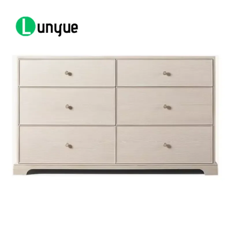 White Washed Oak 6 Drawer Dresser Brass Knob Curved Base Modern Handmade Wide Format Storage Cabinet for Bedroom Living Room