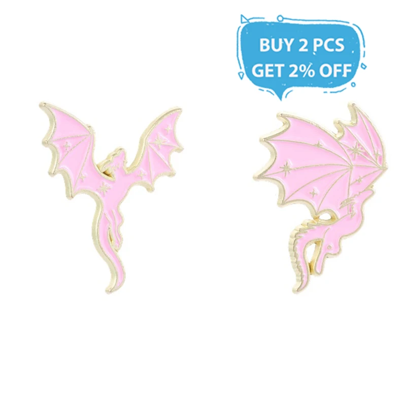 Fantasy Novel Pink Dragon Enamel Pin Cartoon Flying Dragon with Starry Wings Brooch Outfits Backpack Decoration Jewelry Gifts