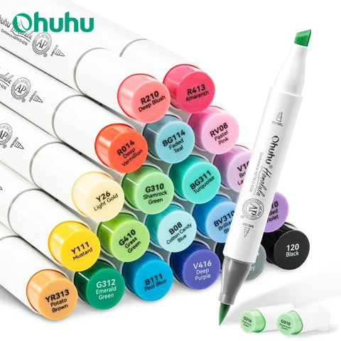 Conjunto de marcadores Ohuhu Honolulu 24 cores, marcadores artísticos à base de álcool, recarregáveis, ponta dupla, para esboço, desenho, mangá, materiais de arte escolar
