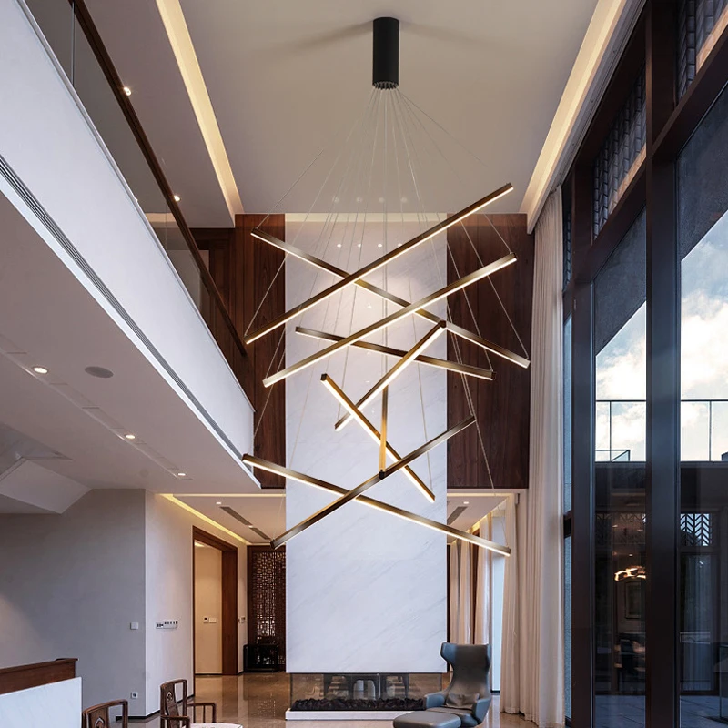 Staircase Linear Chandelier Modern Black Minimalist Hall hanging lamp Duplex Building Hotel Villa Stair Luster Lights Fixture