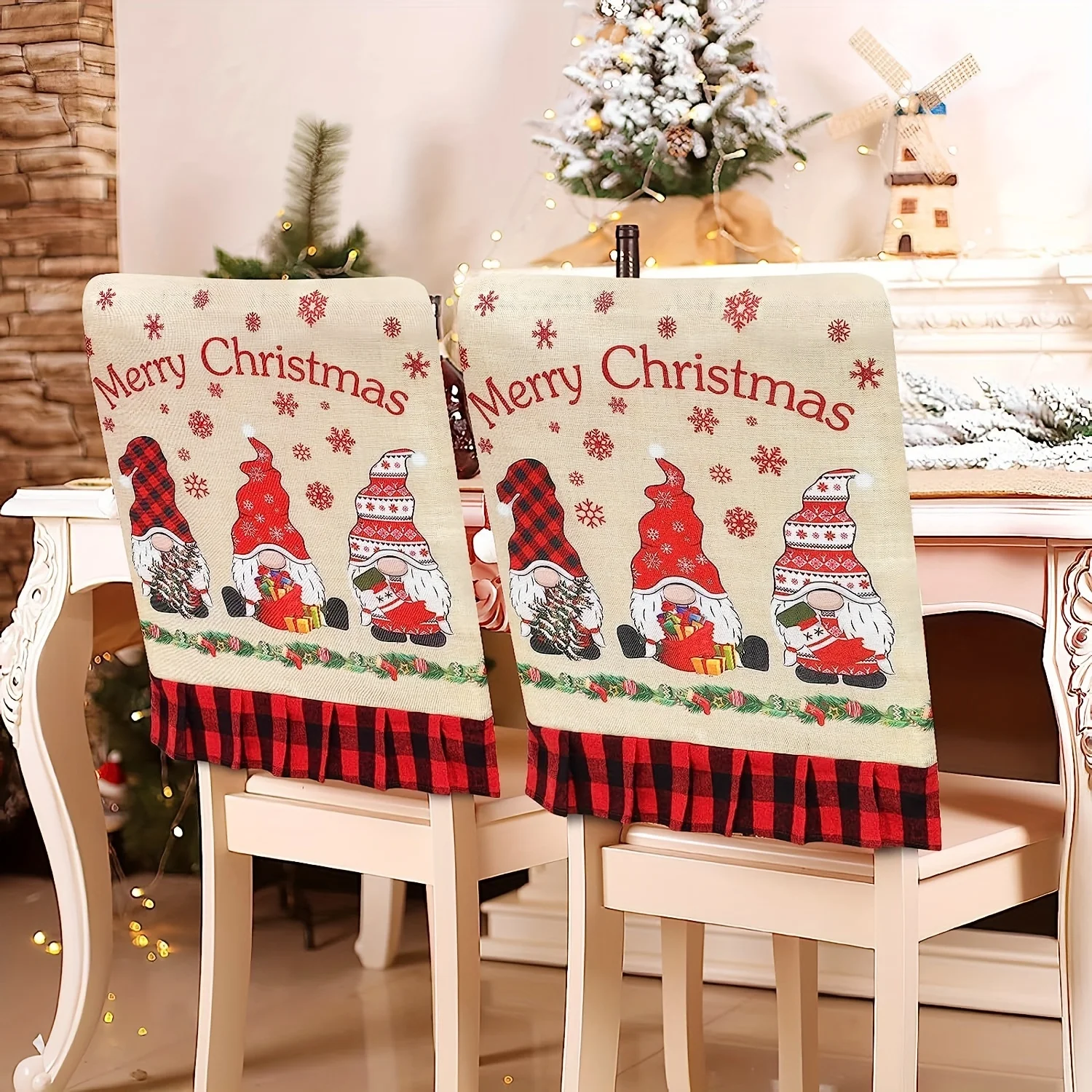 1pc Christmas Decoration Chair Cover Creative Cartoon Machine Embroidered Linen Flower  Back Car Backrest Set