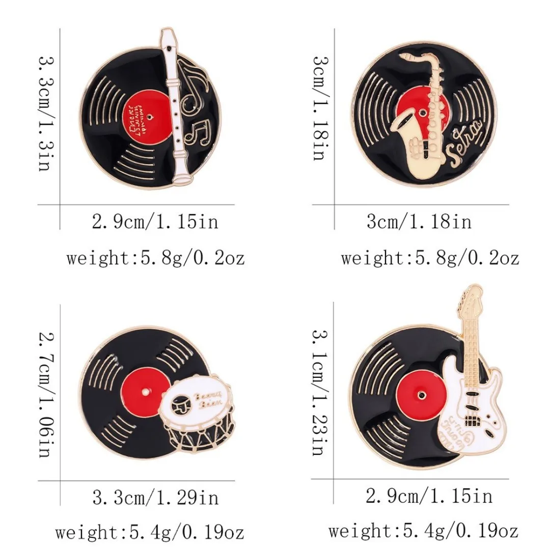 Record Music Enamel Pins Retro Vinyl Electric Flute Drum Guitar Musical Badge Clothing Decorate Brooch Gift Custom Wholesale view 4