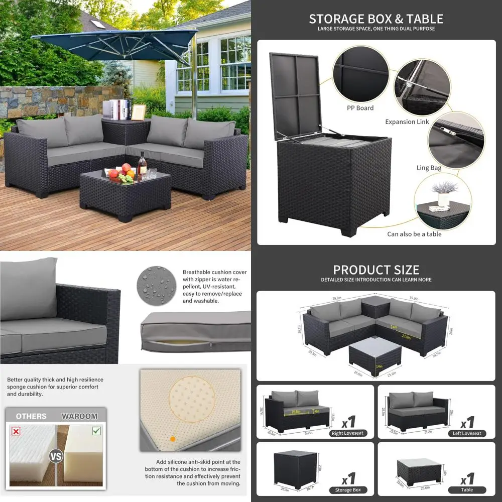 

4-Piece Black Rattan Outdoor Patio Furniture Set with Loveseat, Sectional Sofa, and Storage Box