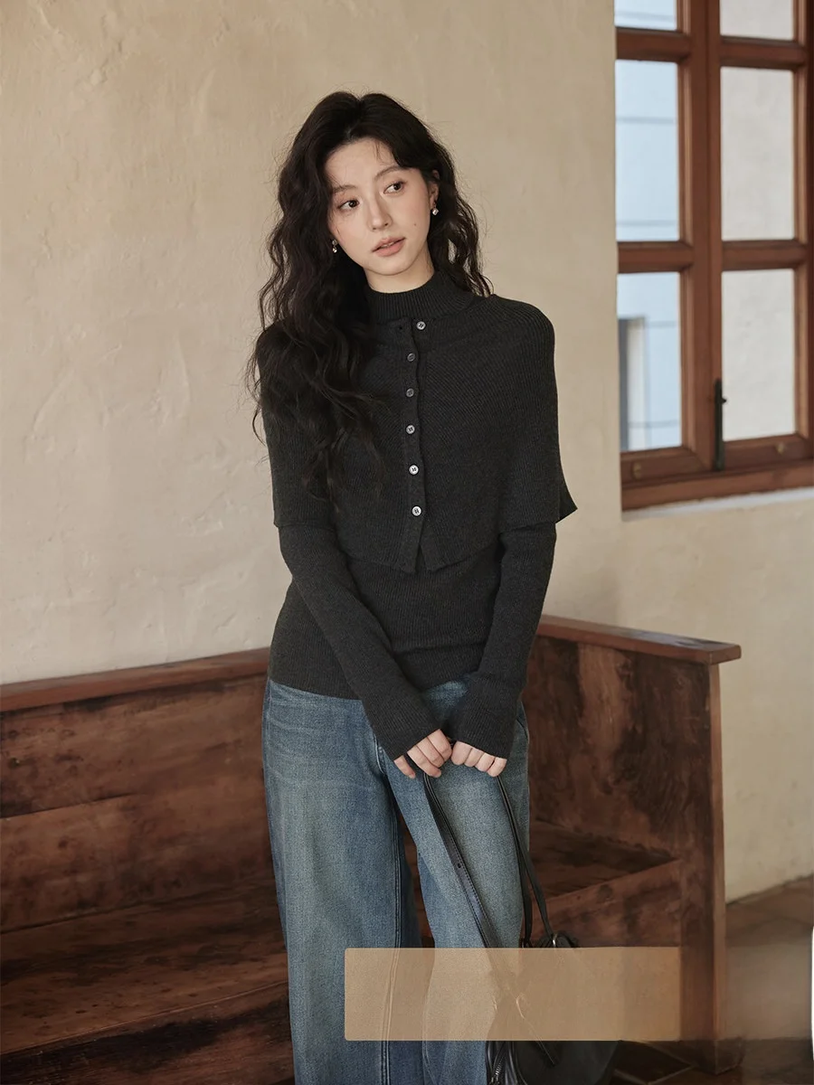 

Winter Women's Korean Sle Knitted Sweater Set Deep ey Long Sve High Collar Regular Fit Two-Piece Ensemble by Ximen