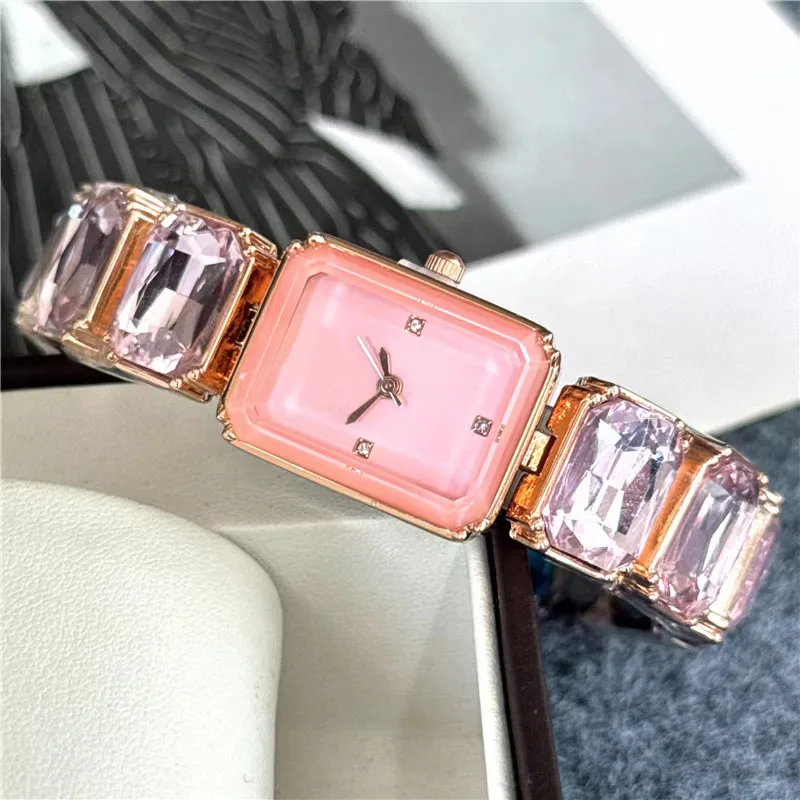 New Fashion Brand Wrist Watches Women Girl Beautiful Rectangle Colorful Gems Design Steel Metal Band Clock S72