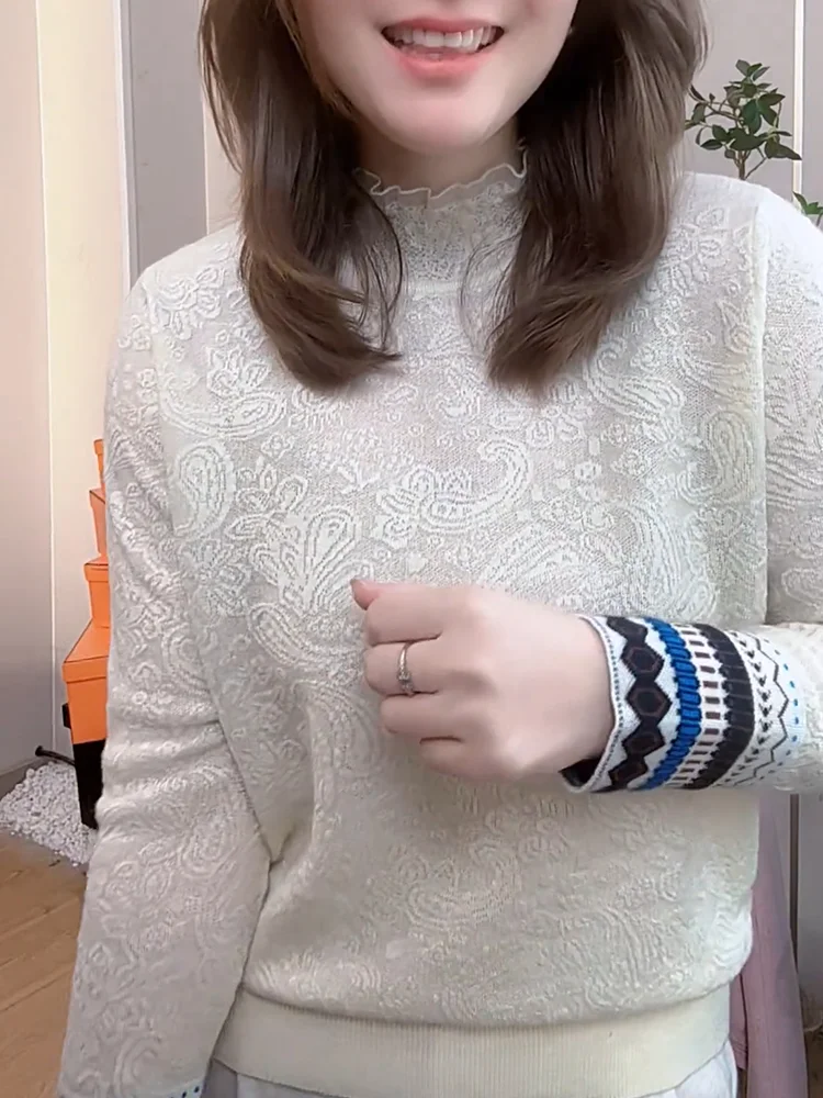 

Korean Sle Women's Knitted Sweater Large Size Faionable Versatile Slimming Top f High Collar Long Sve Regular Fit