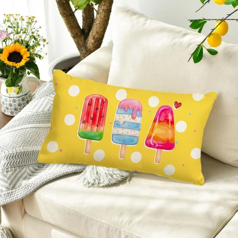1pc Colorful Popsicles Ice Cream Printed Lumbar Pillow Cover, Suitable for Sofa, Bedroom, Living Room, Summer Decor