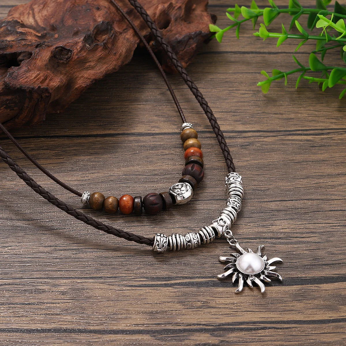 Retro Double Layer Wooden Beads Sun Pendant Necklace Long Braided Leather Rope Statement Choker Ethnic Jewelry for Unisex
