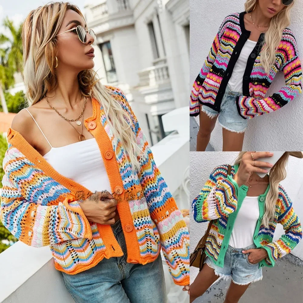 Pop Rainbow Sweater Tops Knitted Cardigan Thin Loose Jacket For Women Casual Y2k Crop Clothes Elegant Female Clothing Fashion To