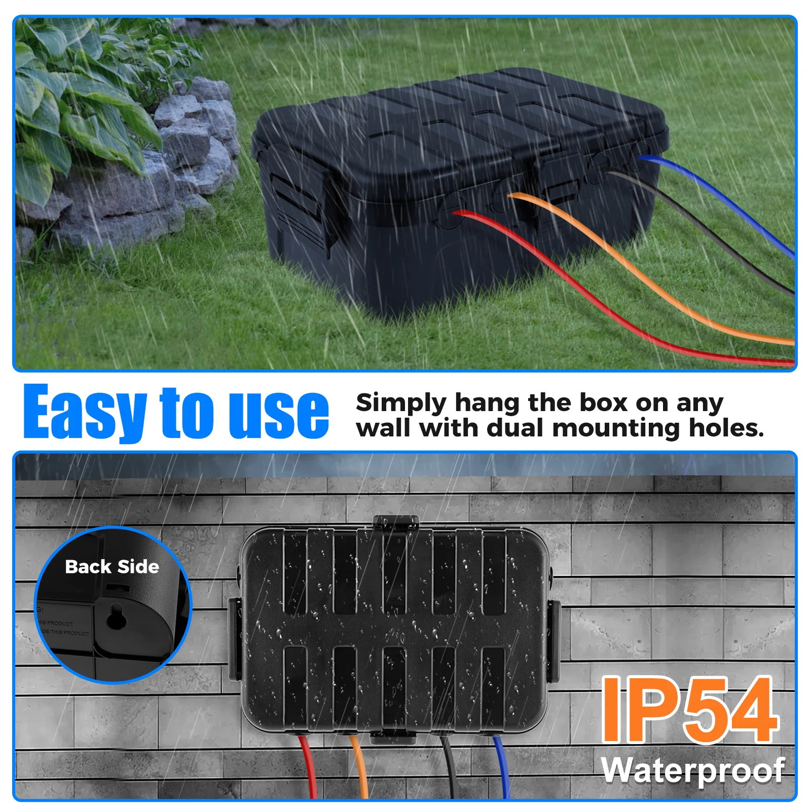Outdoor Electrical Box IP54 Waterproof Outdoor Extension Cord Box Waterproof Weatherproof Connection Box Black Outside Power Cor