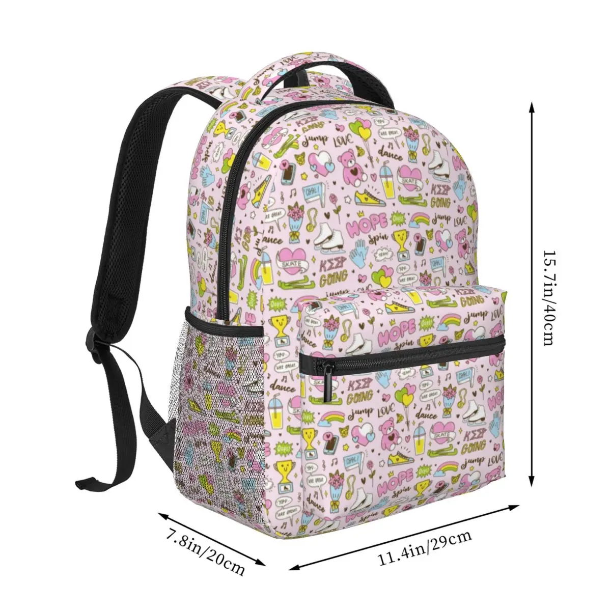 Cute Figure Skating Doodles (Pink Background) Student School Bookbag Canvas Daypack Elementary High College Travel Bags 16in