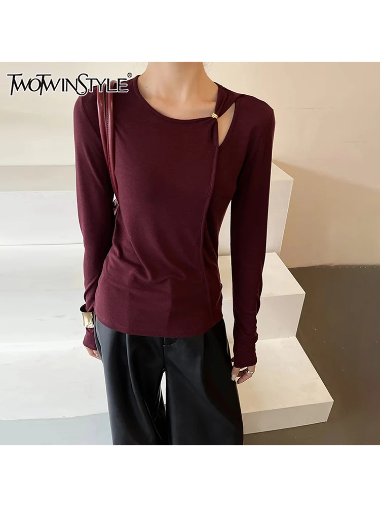 

TWOTWINSTYL Solid Asymmetrical Slimming T Shirts For Women O Neck Long Sleeve Temperament Casual Shirts Femal Fashion Autumn New