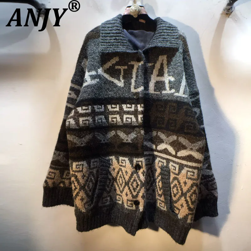 ANJY 2025 Autumn Winter New Women Fashion Letter Elegant Fleece Lined Thick Sweater Cardigan Coat Chic Ins Loose Slimming A16344