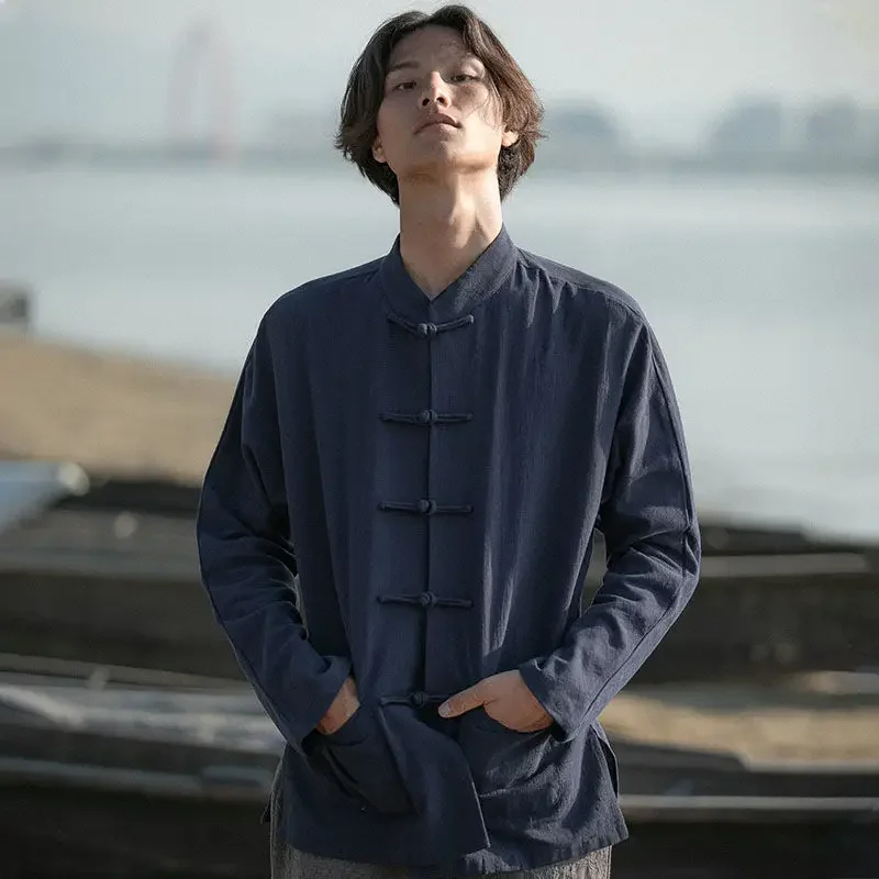 Vintage Long Sleeve Stand Collar Shirt Trendy Men's Chinese Style Linen Shirt Retro Youth Cotton Linen Mandarin Collar Zhongshan