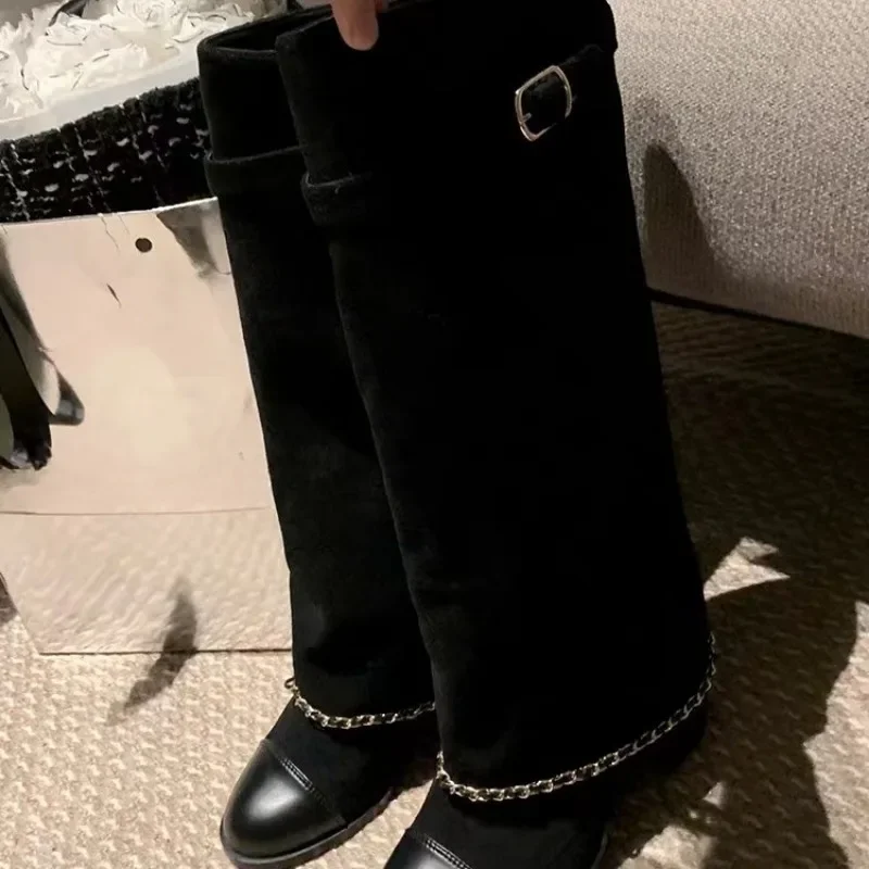 Brand New Round Toe Thick Heel Chain Belt Buckle Skirt Boots Women\'s Autumn Winter Fashion Runway Mixed Color Long Shoes Size 43