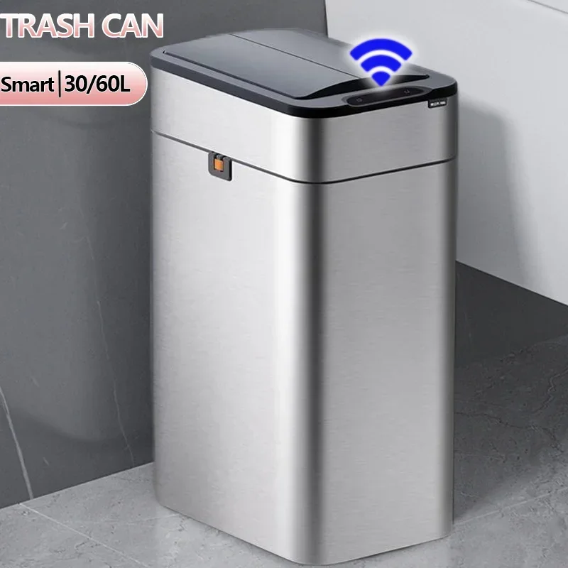 Stainless Steel Smart Trash Bin Large Capacity Induction Garbage Bucket Waste Bins Dustbin for Kitchen Wastebasket Smart Home