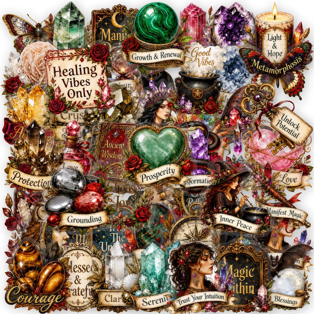 10/30/50pcs Vintage Magic Crystal Witch Stickers Aesthetic DIY Luggage Laptop Phone Guitar Cartoon Transparent Decals Wholesale