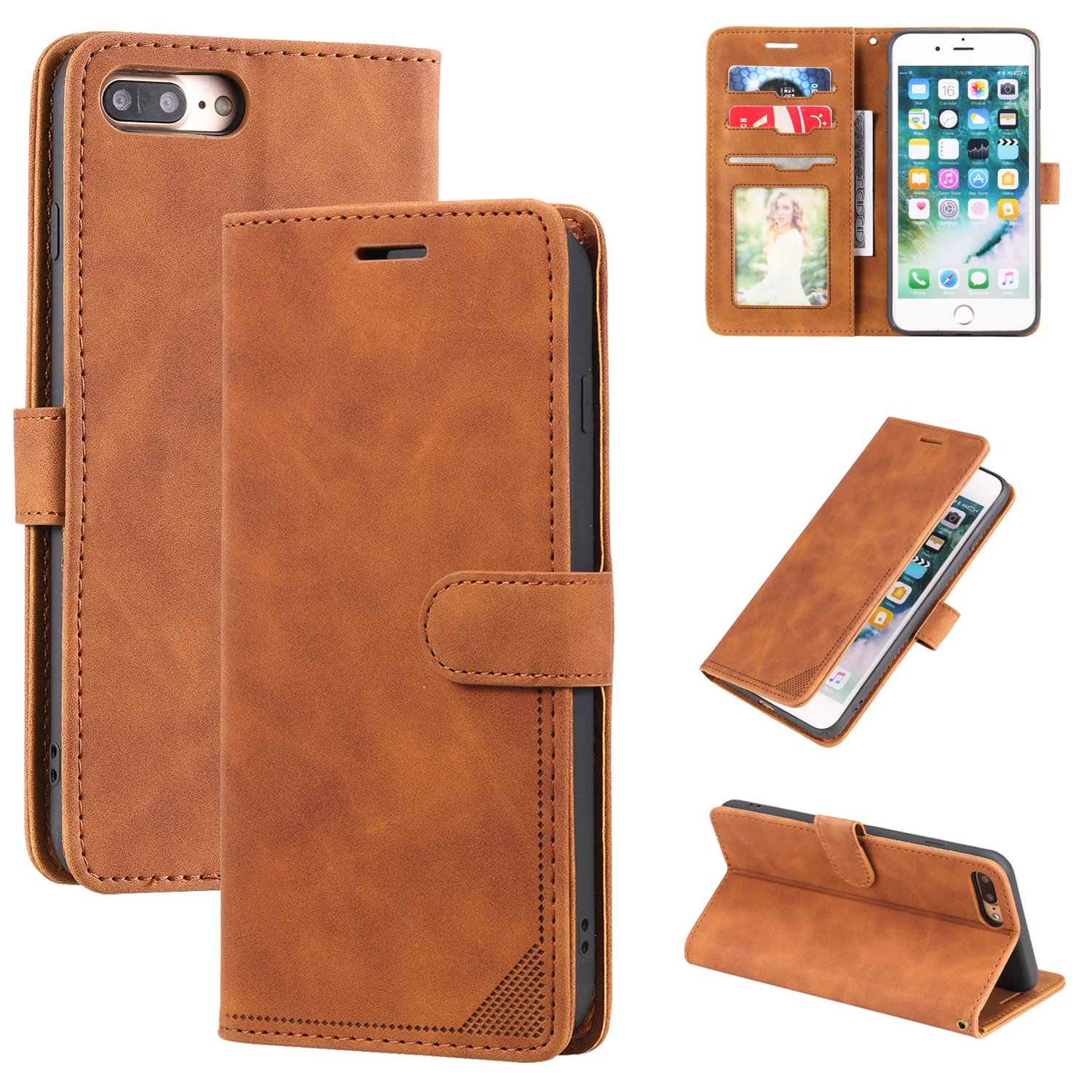 

For Apple iphone 6 Plus / 7 Plus / 8 Plus phone case retro business card flip cover protector leather case soft case