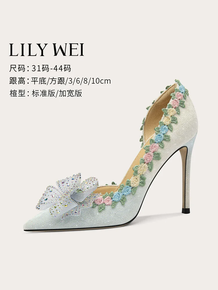 

Spring and summer pointed mesh rhinestones sequins bow flat shoes high-heeled banquet dress large size small size women's sandal