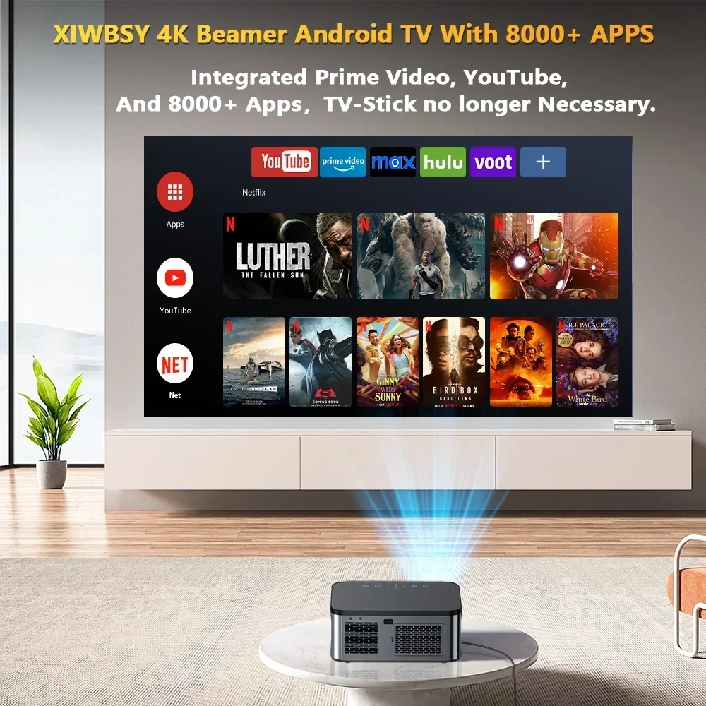 XIWBSY 4K Android Projector 25000Lumens 800ANSI Auto Focus/Keystone Bluetooth Projector Home Theater Proyector Global Versions