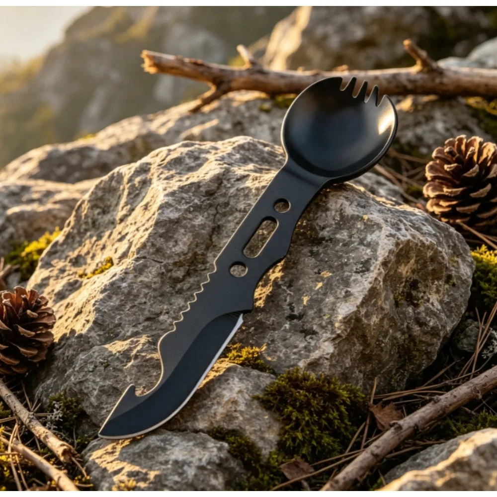 3in1 Outdoor Multi-Function Stainless Steel Camping Cutlery Mountaineering Emergency Knife/Fork/Spoon Whistle Survival Tableware