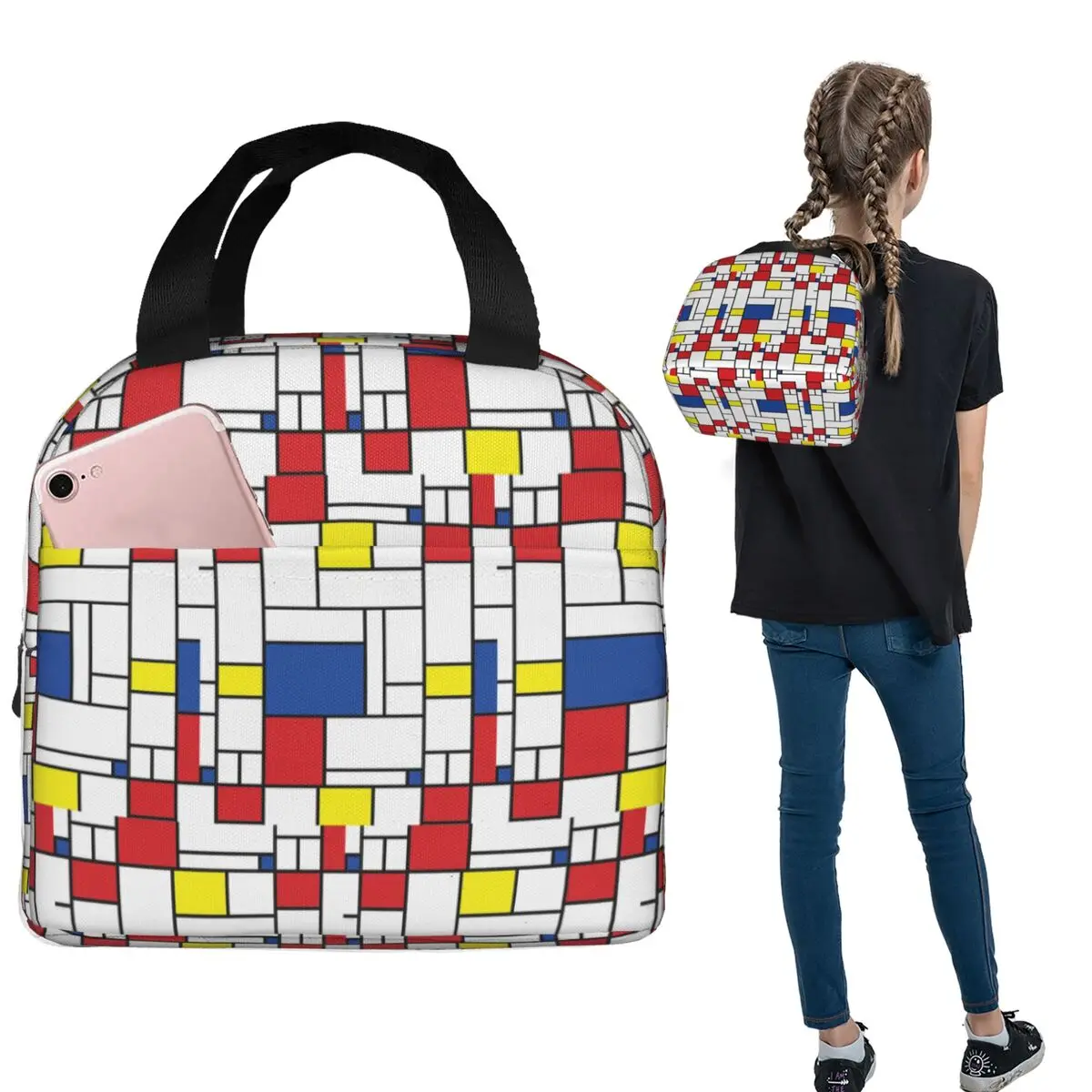 Mondrian Minimalist De Stijl Modern Art II Fatfatin Insulated Lunch Bag for WomenKids Portable Food Boxes Thermal Lunch Box Tote
