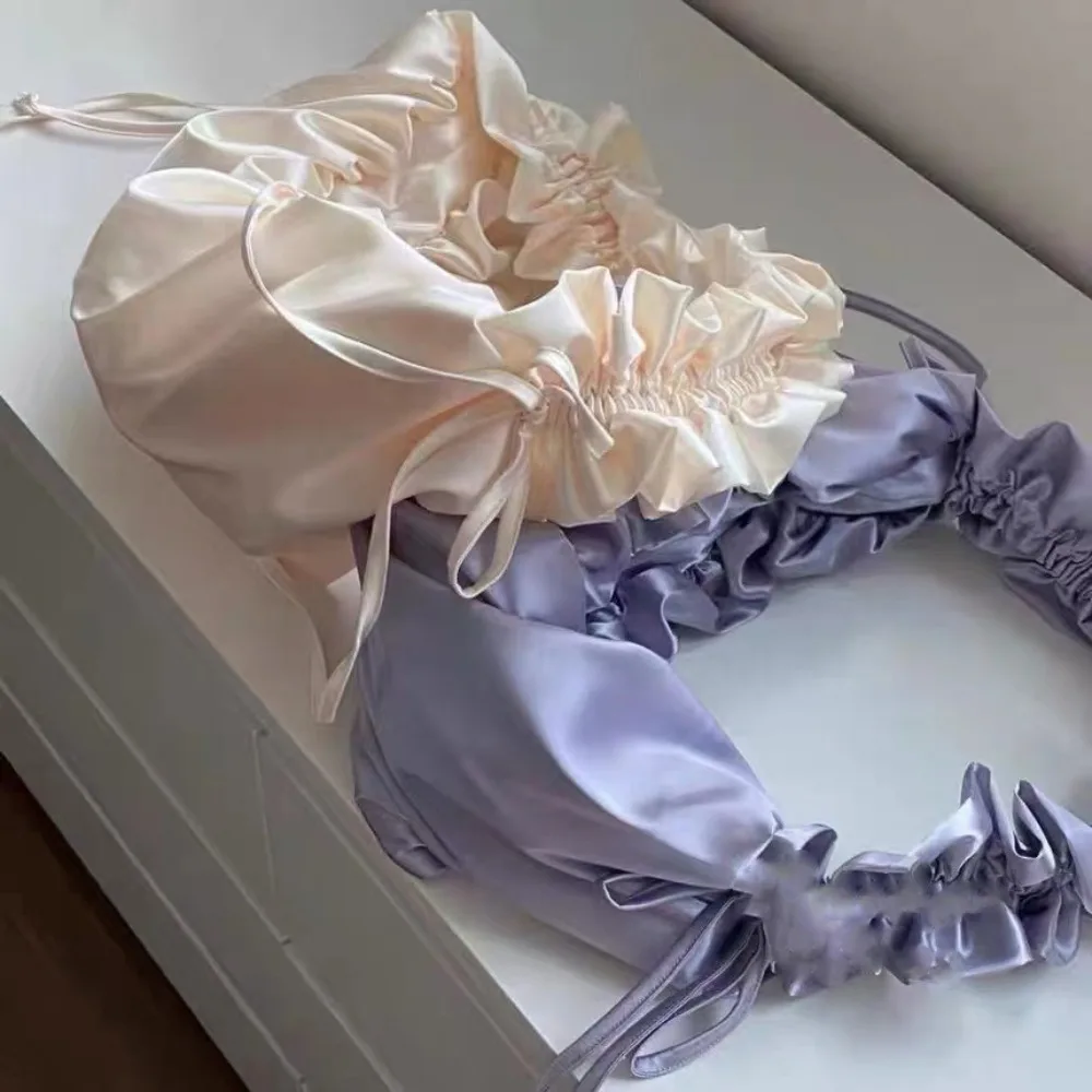 

New Silk Satin Oxford Handbag Fold Big Drawstring Bag Soft Underarm Bag Women