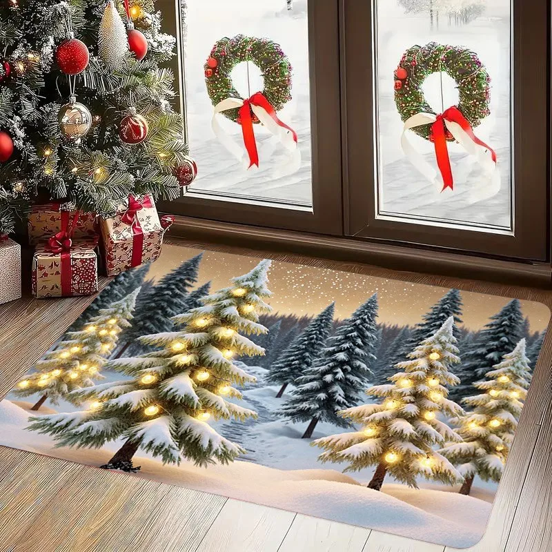Winter Snow Pine Tree Doormat Warm Light Forest Scene Print Entry Floor Mat Christmas Holiday Front Door Indoor Home Decor