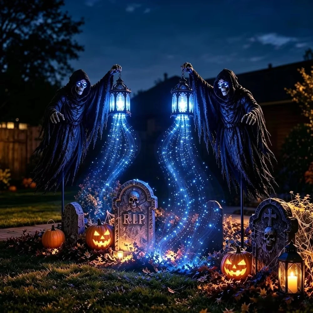 Grim Reaper Animated Garden Light, Soul Harvester Halloween Garden Light,Halloween Yard Decor with Glowing Ghost and Lantern