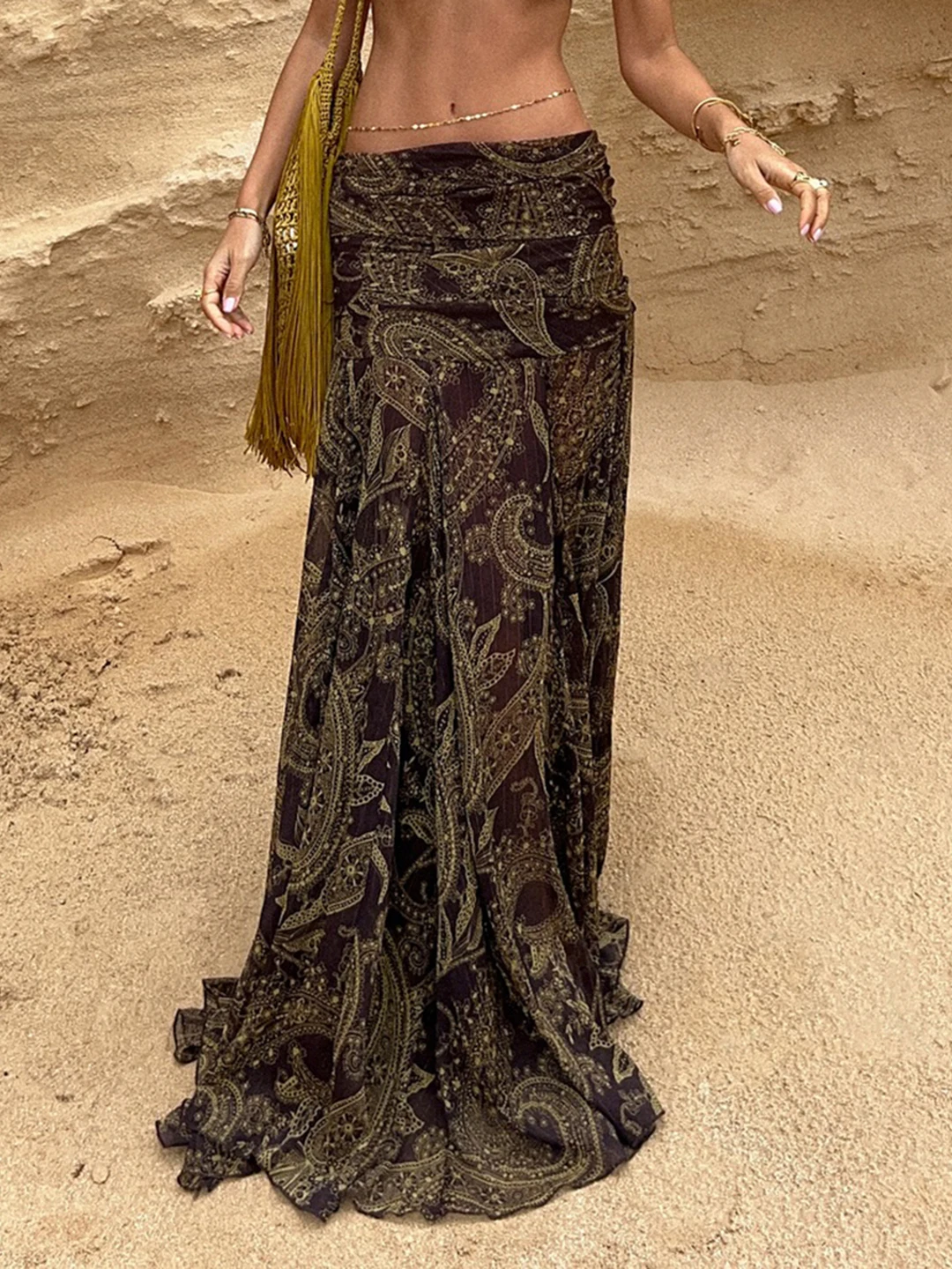 

Brown Walnut Print Floor-Length Vintage Skirt Mid-Length f Skirt Low Waist Design Casual Polyester Fi Tail Skirt