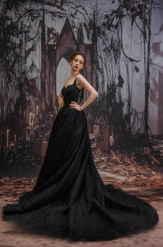 Customized Spaghetti Strap Corset Black Gothic Ball Gown Lace Crystal Low Back Chapel Train Dark Bridal Wedding Reception Dress