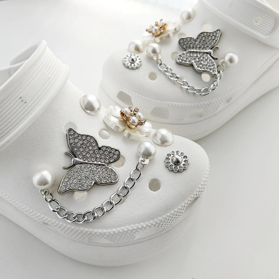 12pcs Butterfly Flower Pearl Chain Detachable Charms Shoes Pins Decoration For Clogs Sandals Party Gift Girls Women