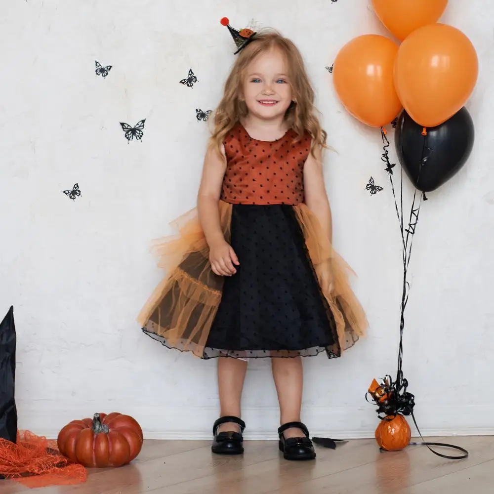 فستان جديد للفتيات بتصميم منقط وألوان متباينة مع تنورة منفوشة من التول لعيد الهالوين، زي أداء للأطفال، ملابس تقليدية عرقية لل...