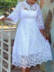 Classy Stylish Women White Lace Dress Hollow Out See Through With Lining Half Sleeve Celebrate Wedding Guest Birthday Event Gown