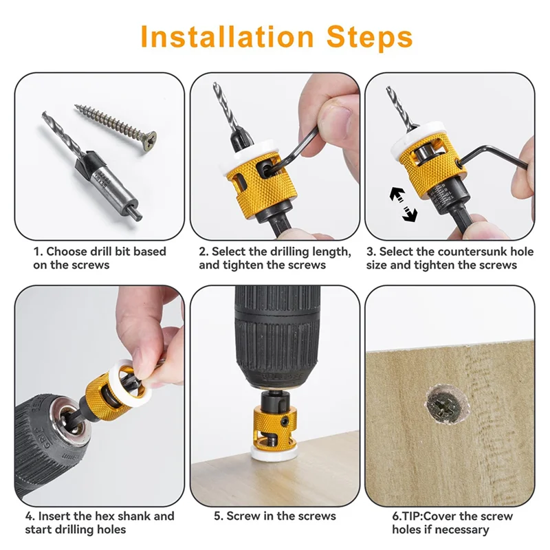 

AT44-5 Pcs Countersink Drill Bit Set: Replaceable HSS M2 Tapered Bits - 82° Counter Bore With Adjustable Depth Stop