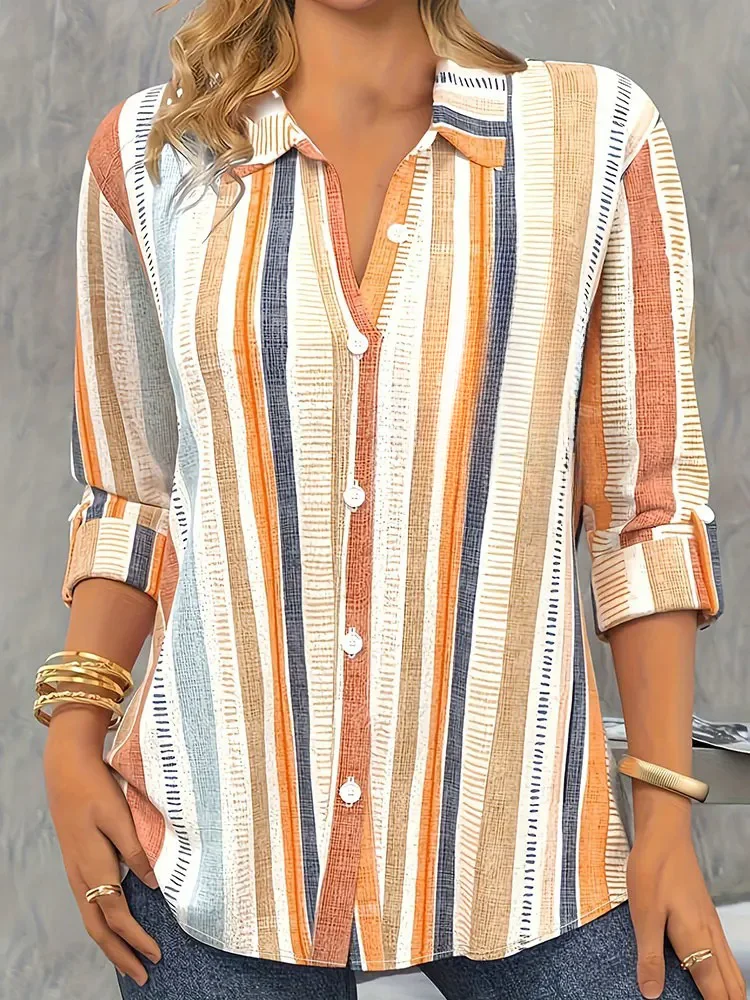 Fashion Woman shirts & blouse Orange striped print Button Long Sleeve Shirt 2024 Spring & Fall Female clothing blouses Tops