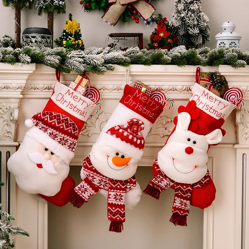 

Christmas Stocking Decorative Socks 3D Santa Elk Socks Children Gift Bag Red Knitted Christmas Home Decoration New Year Gifts