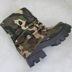 2024 Camouflage Pleated Short Boots Rhinestone Round Toe Silver Sequin Boots Punk Platform Heel Boots 36-44 Thick Soled Shoes